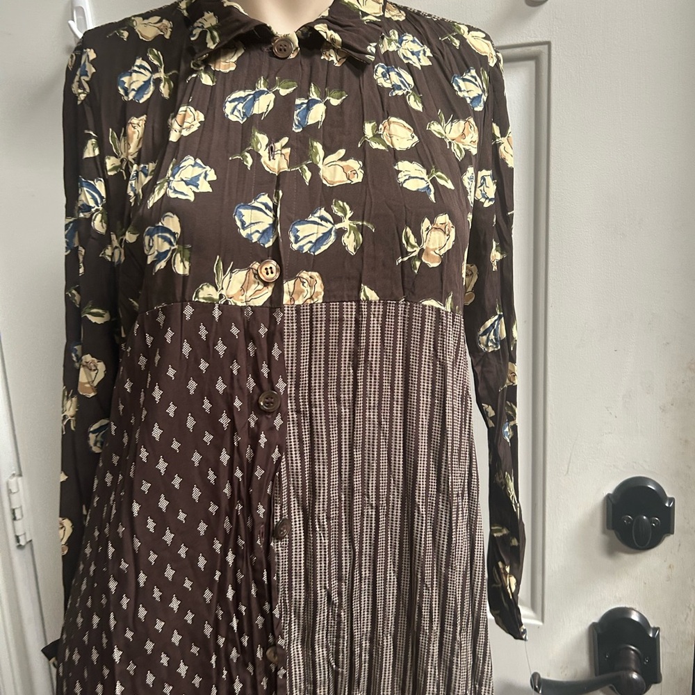 Vintage United Colors Of Benetton Brown Floral Long Sleeve Dress Sz 38 - Picture 4 of 16